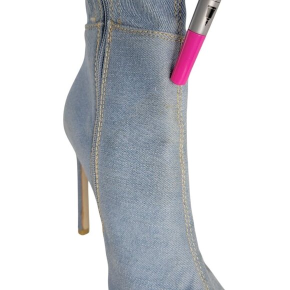 Akira Floral Embroidered Boots Sz 6.5 Thigh High Denim Peep Toe Stiletto 4.5" - Picture 4 of 16